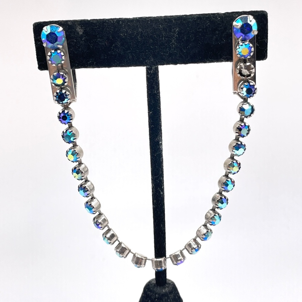 Vintage Sweater Clips Silver Tone Blue AB Rhinestones
